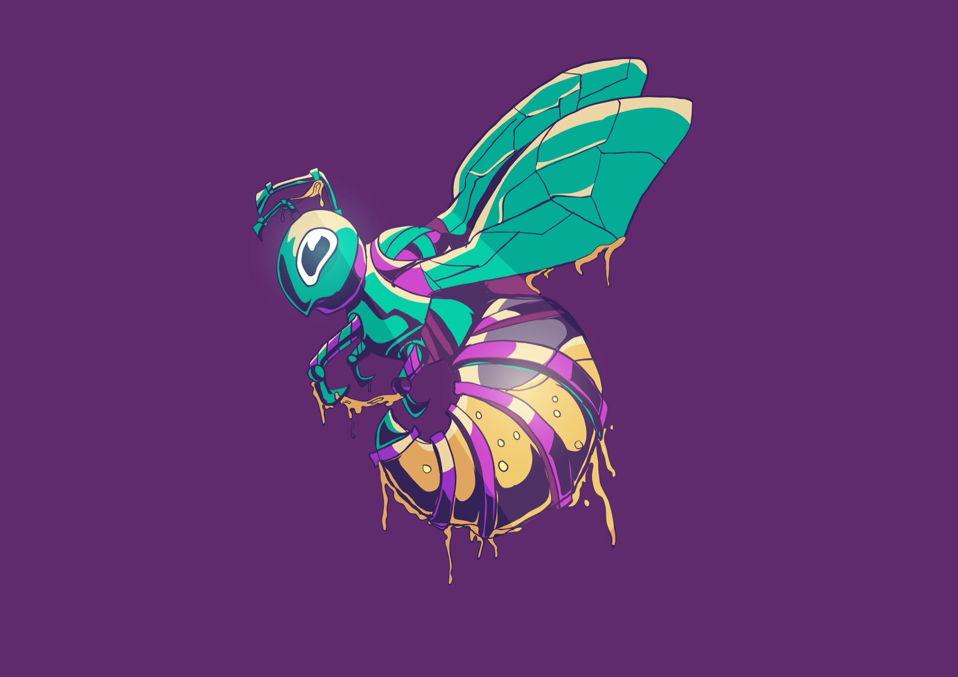Colorful geometric bee character illustration on a purple background